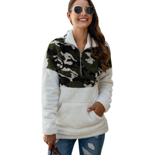 Women Long Sleeve Half Zip Pullover Sherpa Fuzzy Leopard Print Jacket Patchwork Fleece Sweatshirt with Kangaroo Pocket